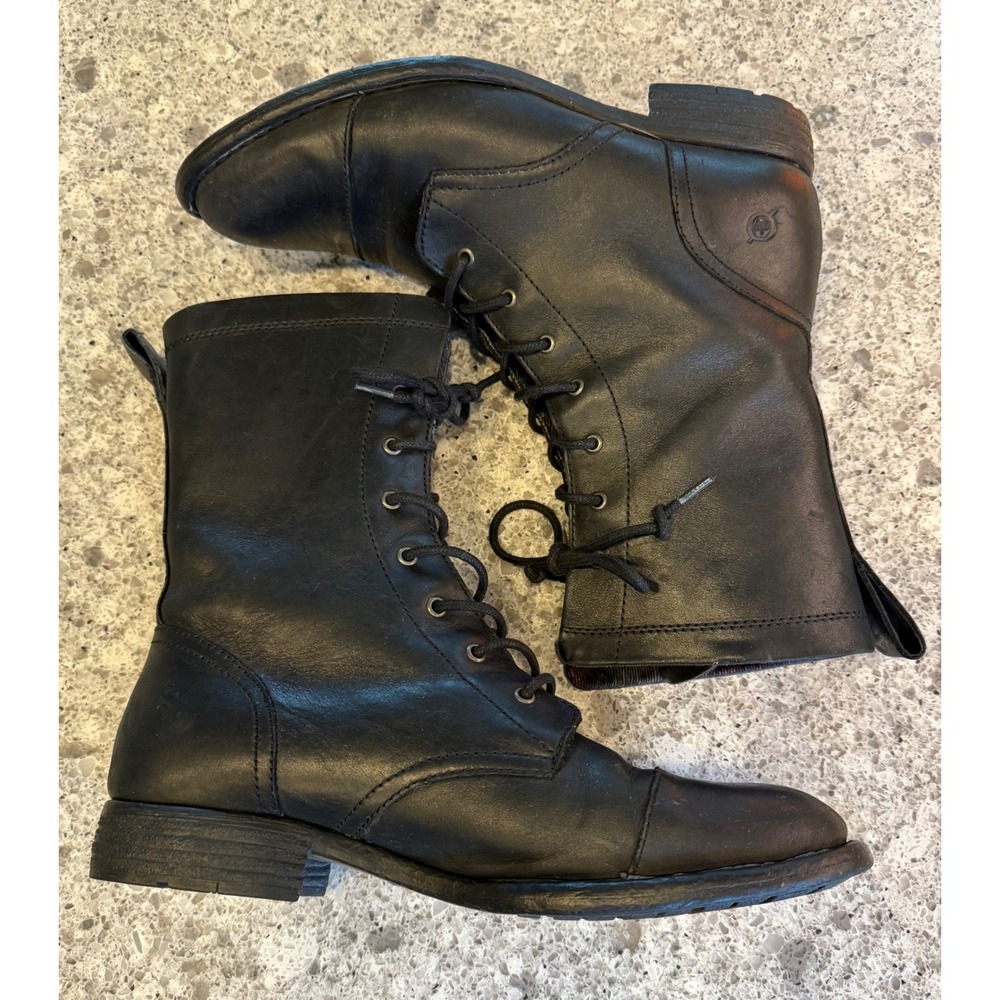 Born Women's Neon Black Leather Lace Up Combat Boots Low Block Heel Size 8.5 - Picture 5 of 7